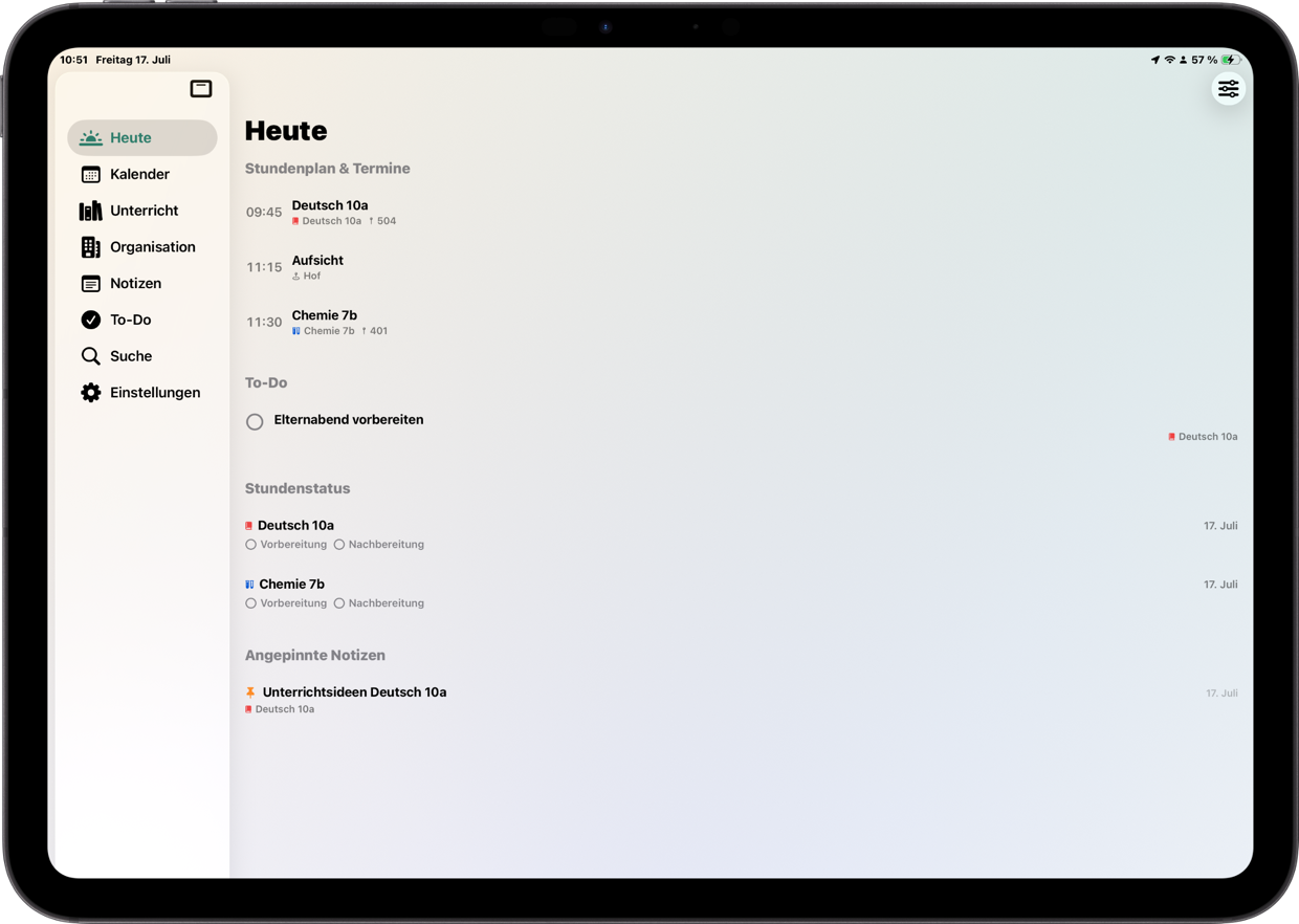 Heute-Ansicht von Teachary auf dem iPad
