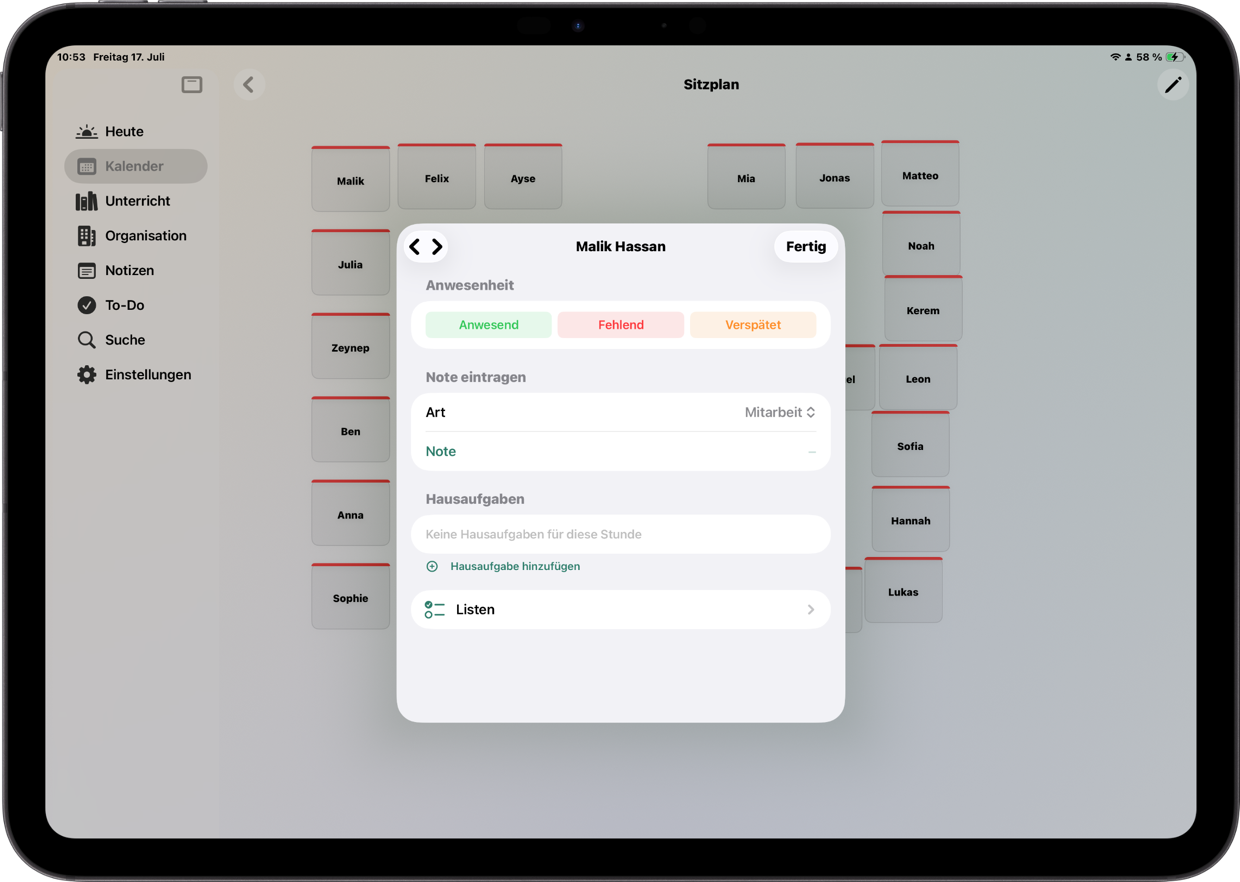 Sitzplan von Teachary auf iPad und iPhone